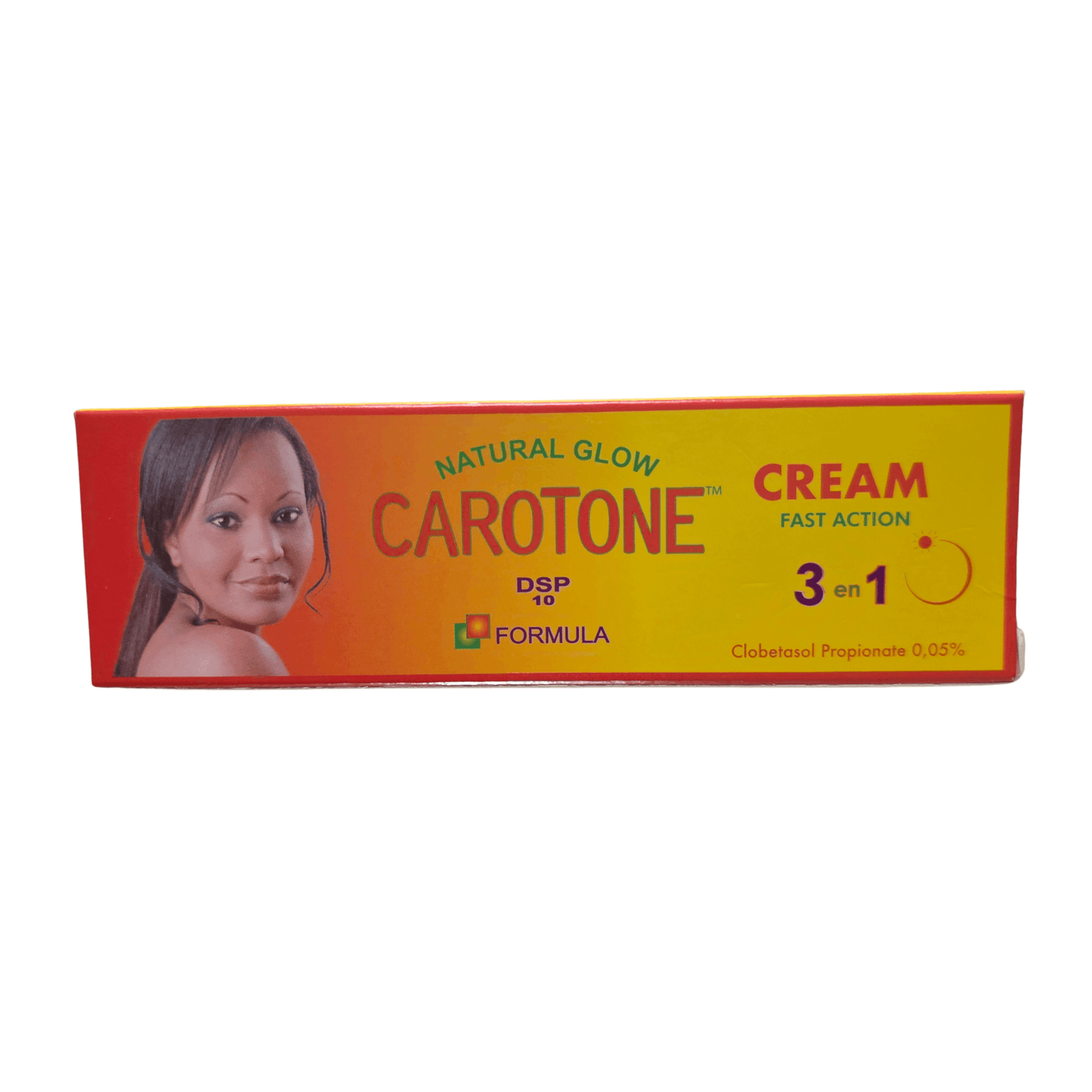 Carotone cream packaging with a woman's face on an orange background