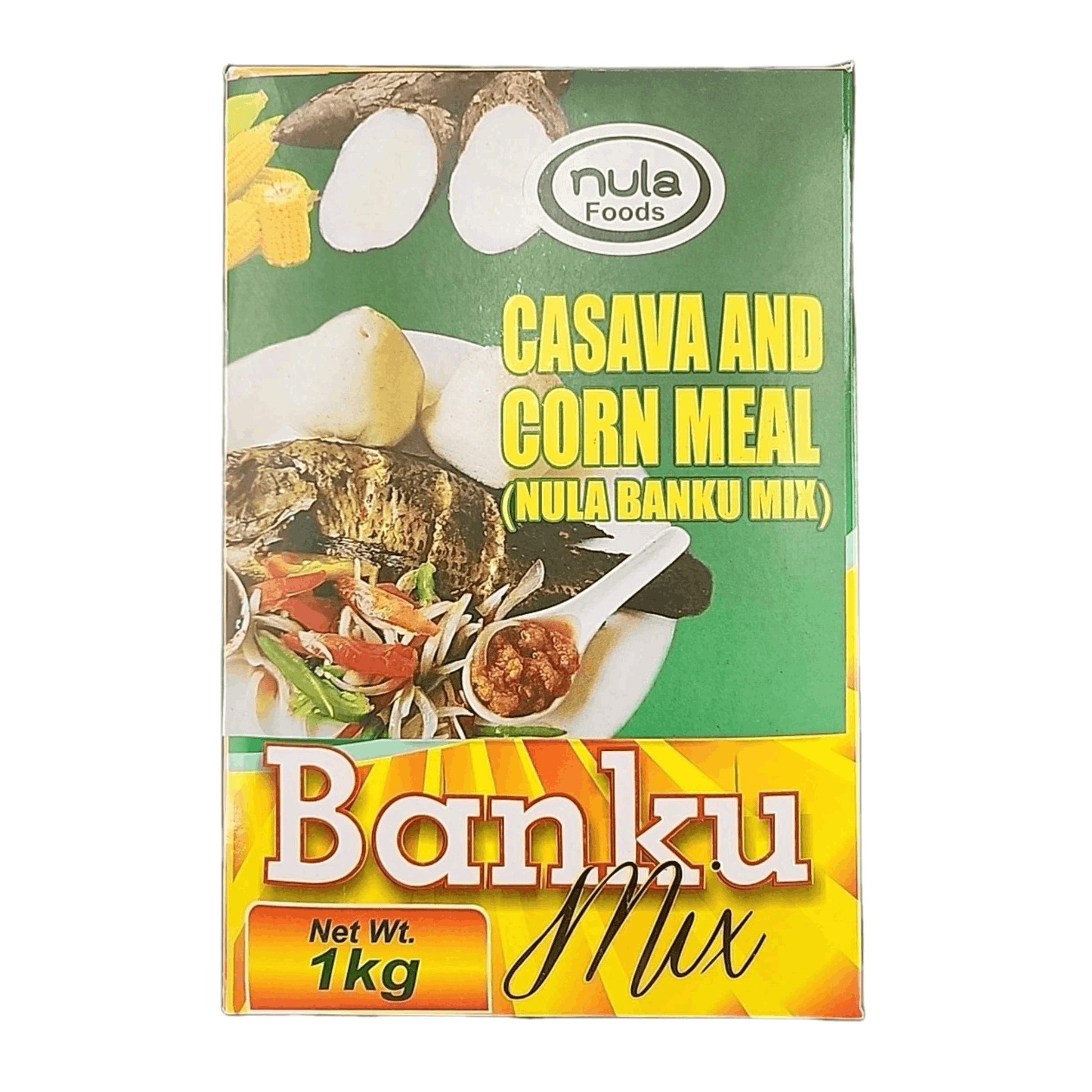 Box of Nula Foods Casava and Corn Meal Banku Mix on a white background