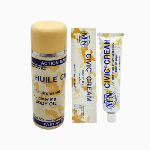 Lightening body oil and cream with visible branding on a white background