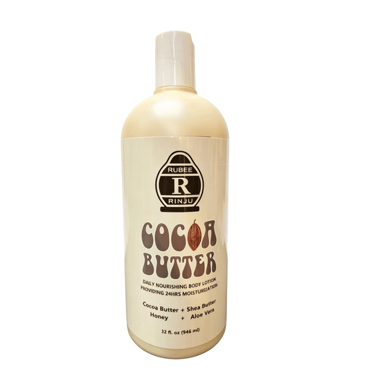 Cocoa butter lotion bottle with Rubee Rinju branding on a white background