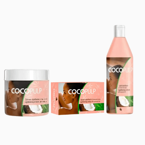 Cocopulp product set including a jar, box, and bottle on a white background