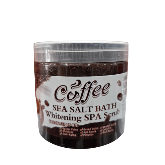 Jar of coffee sea salt bath whitening spa scrub with a white label on a white background