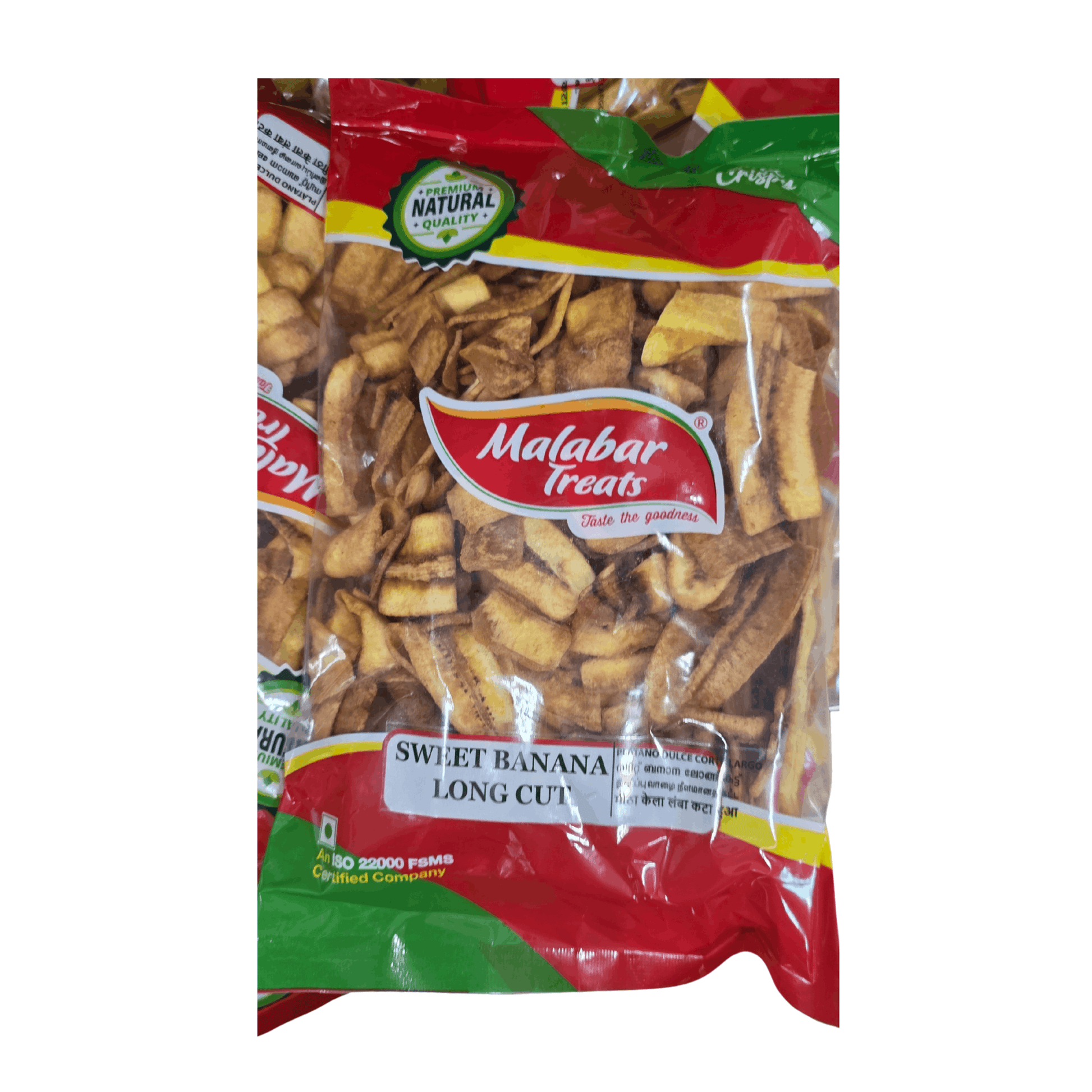 Packaged sweet banana chips from Malabar Treats on a white background