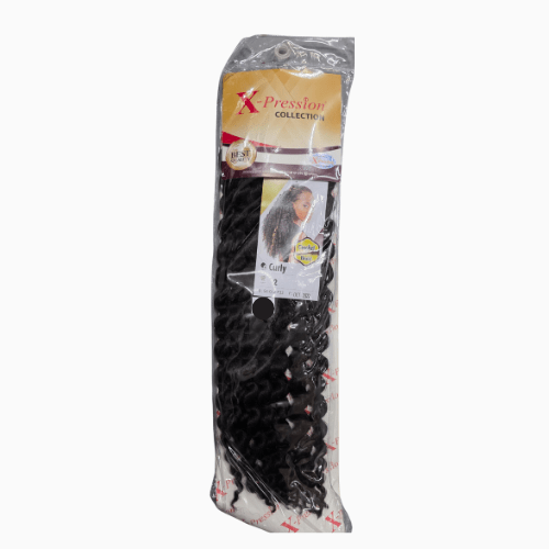 Packaged hair extensions with Xpression label on a white background
