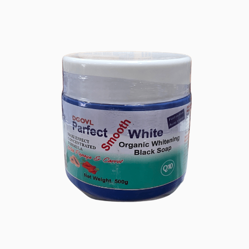 Jar of DGOWL Perfect Smooth White Organic Whitening Black Soap on a white background