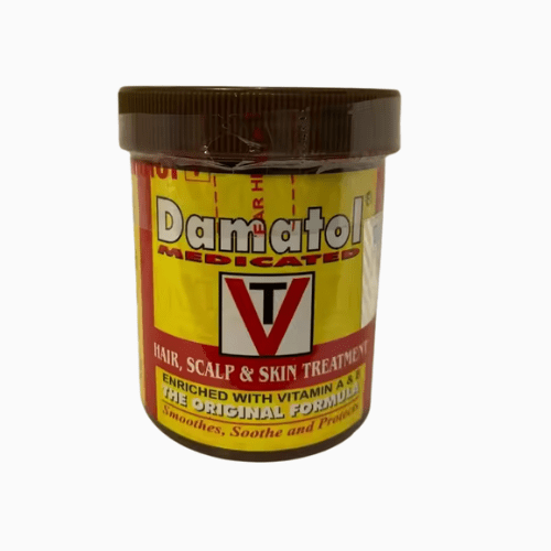 Jar of Damatol Medicated hair, scalp, and skin treatment on a white background