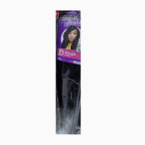 Packaged hair extensions with a purple and black color scheme on a white background