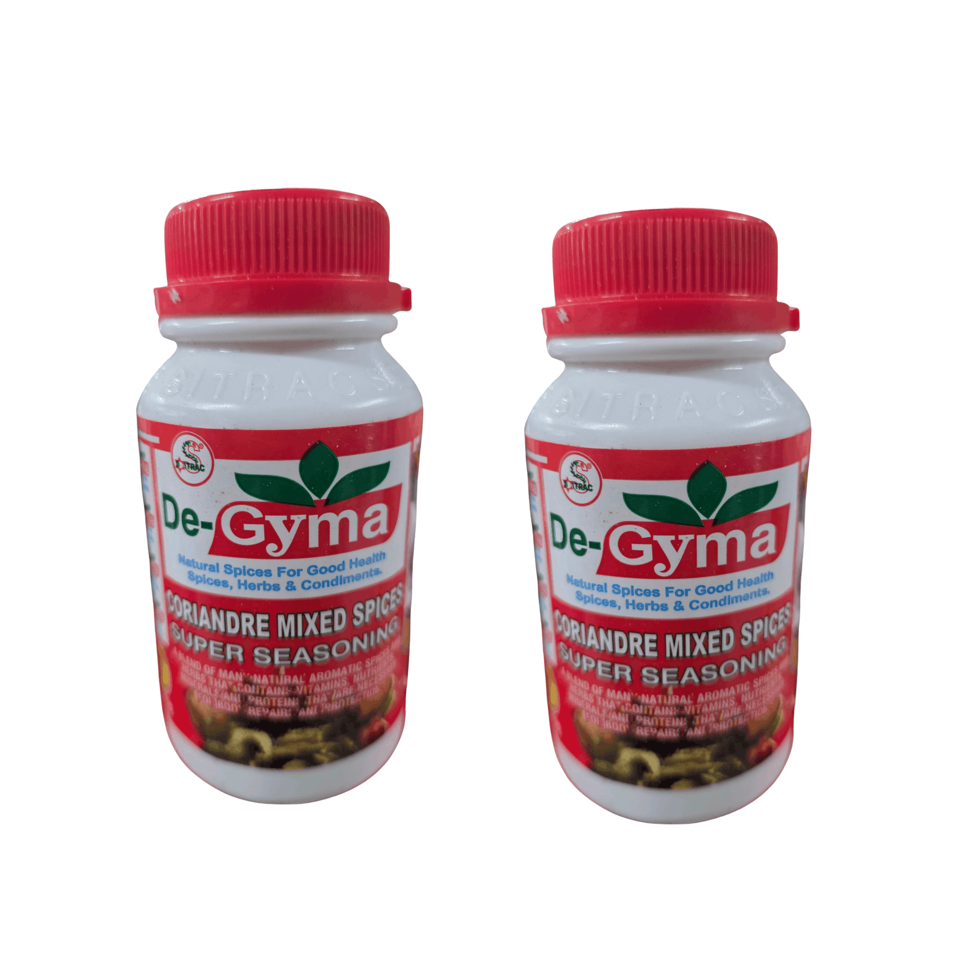 Two white plastic bottles of De-Gyma Coriandre Mixed Spices Super Seasoning with red caps, shown side-by-side on a white background.