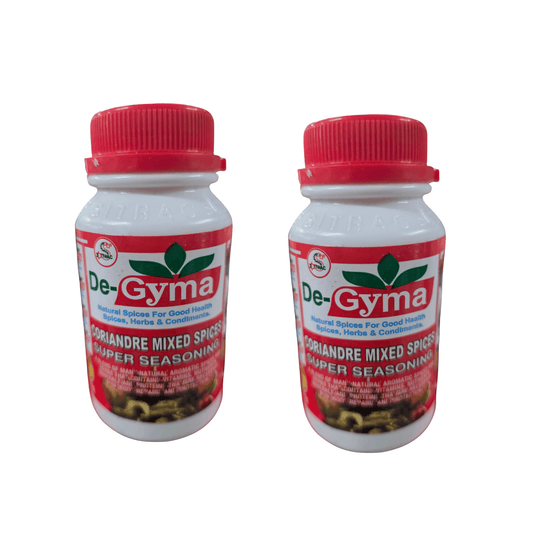 Two white plastic bottles of De-Gyma Coriandre Mixed Spices Super Seasoning with red caps, shown side-by-side on a white background.