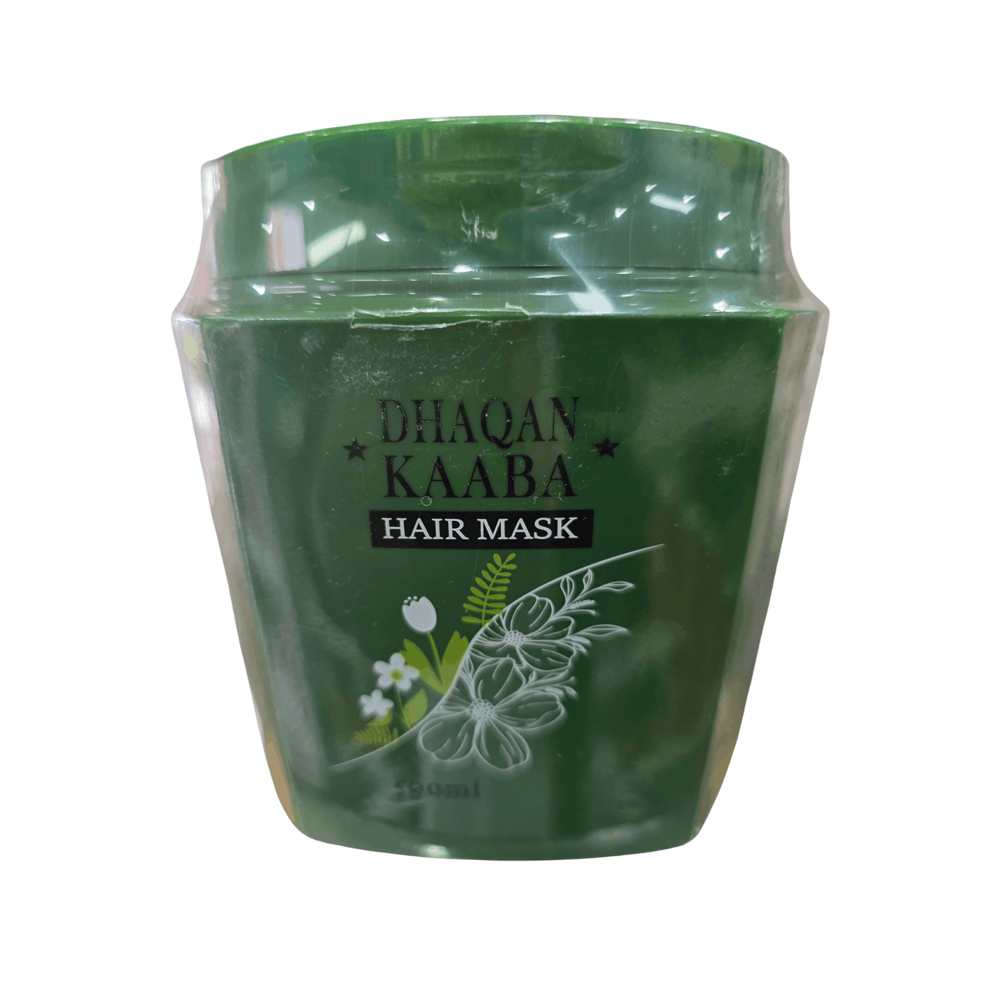 Green hair mask jar with 'Dhaqan Kaaba' branding on a white background