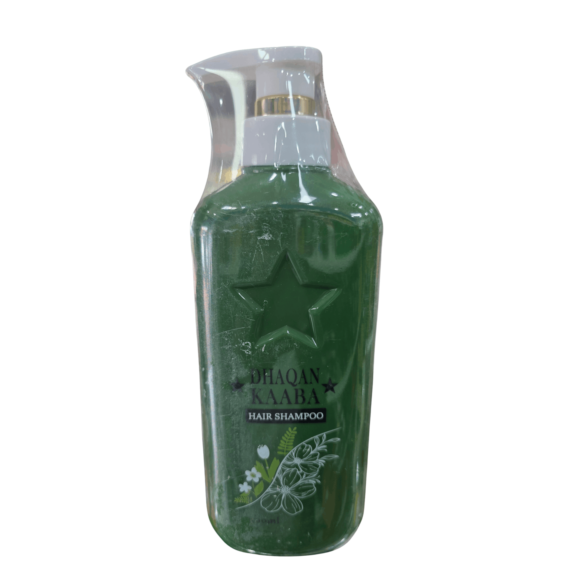 Green bottle of hair shampoo with a star design on a white background