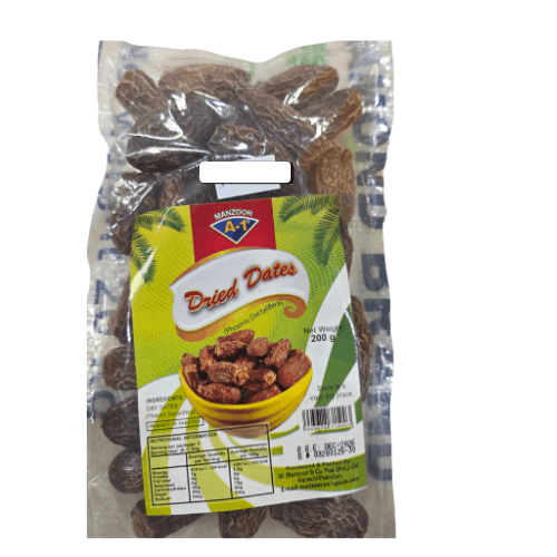 Packaged dried dates with a visible label on a white background