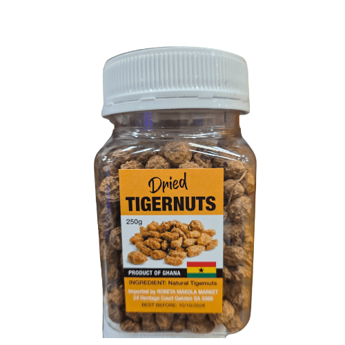 Jar of dried tigernuts with a label on a white background