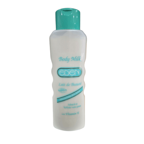 Eden body milk bottle with turquoise cap and label on a white background