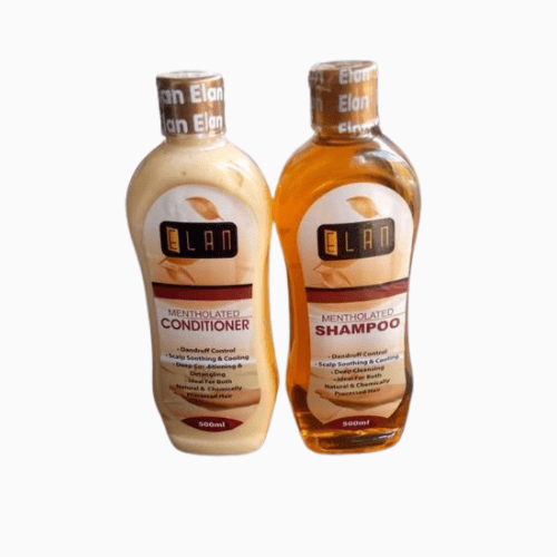 Two bottles of Elan shampoo and conditioner on a white background