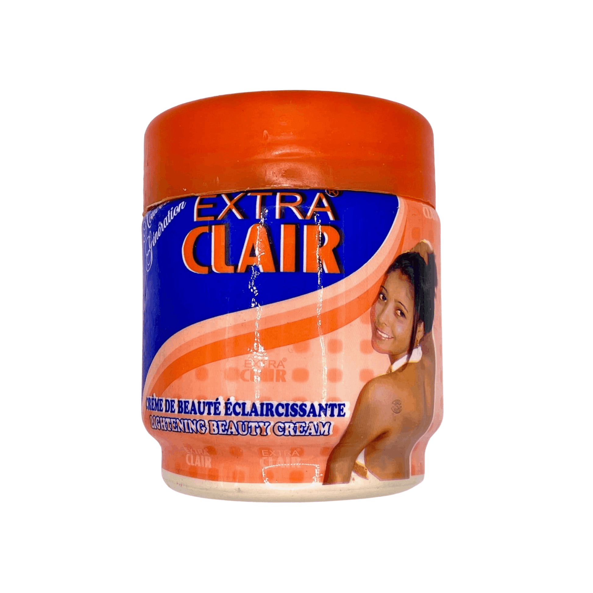 Jar of Extra Clair lightening beauty cream with an orange and blue design on a white background