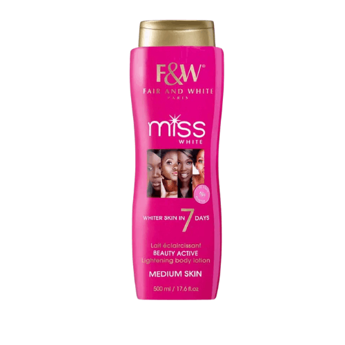 Pink bottle of F&W Miss White body lotion on a white background