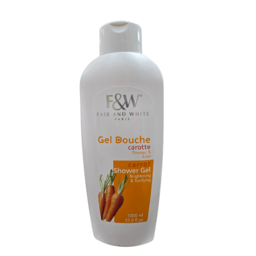 Shower gel bottle with carrot illustration on a white background