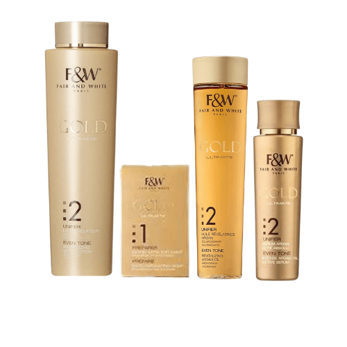 Set of F&W Gold hair care products on a white background