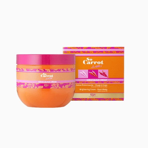 Orange jar with pink lid and matching box labeled 'So Carrot' on a white background