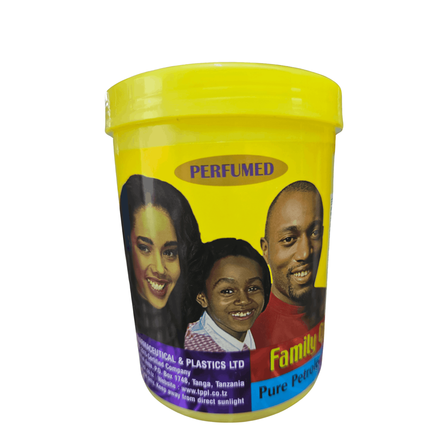Yellow container with a family portrait and text on a white background