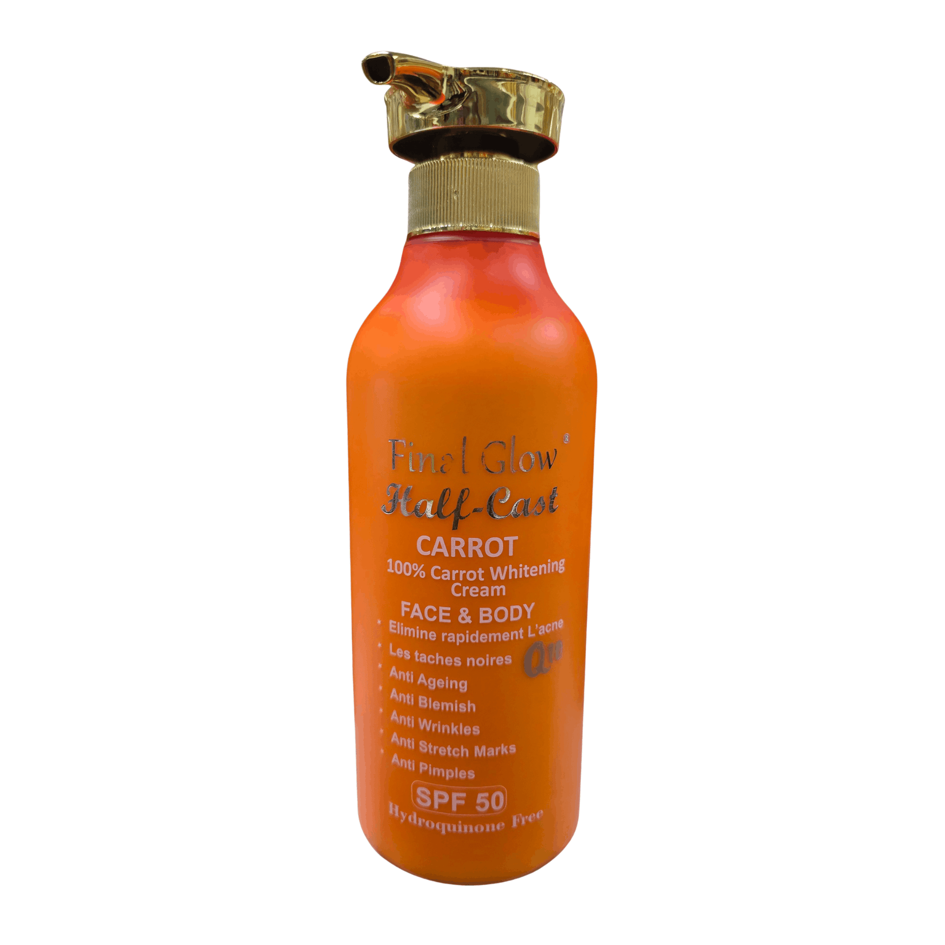 Orange bottle of Final Glow Half-Cast Carrot cream with gold cap on a white background