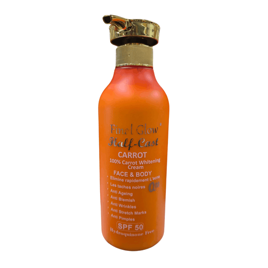 Orange bottle of Final Glow Half-Cast Carrot cream with gold cap on a white background