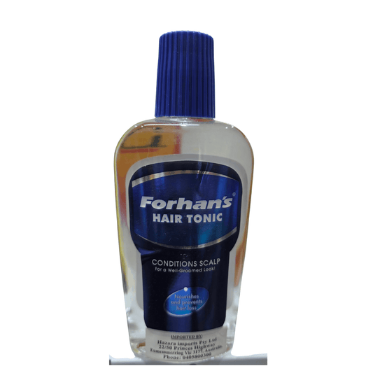 Forhan's Hair Tonic bottle with blue cap on a white background