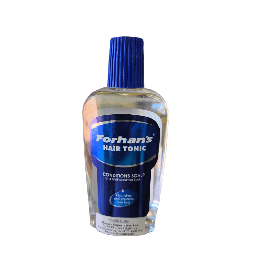 Forhans Hair Tonic bottle with blue cap on a white background