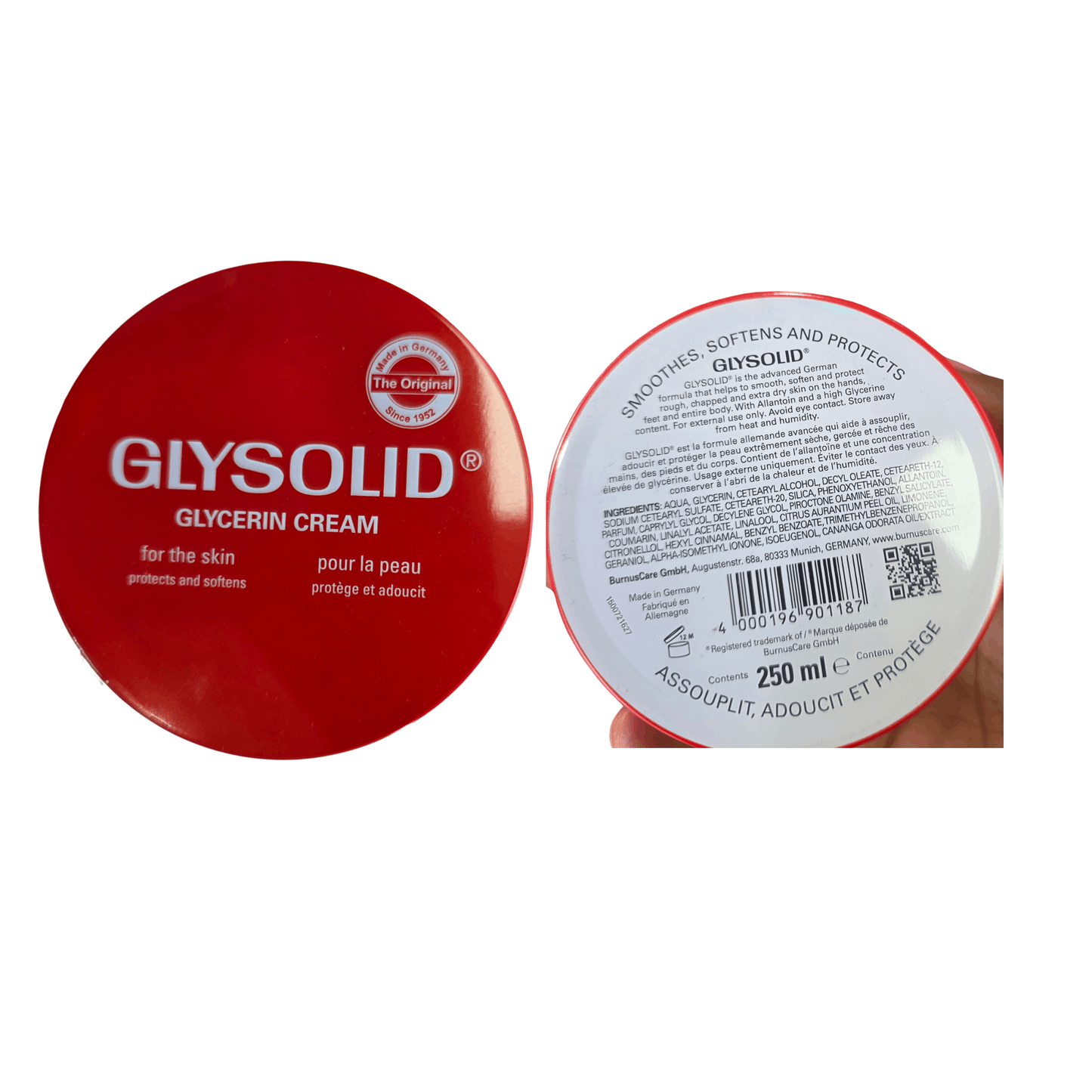 Glysolid Glycerin Cream container with red lid and white label on a white background