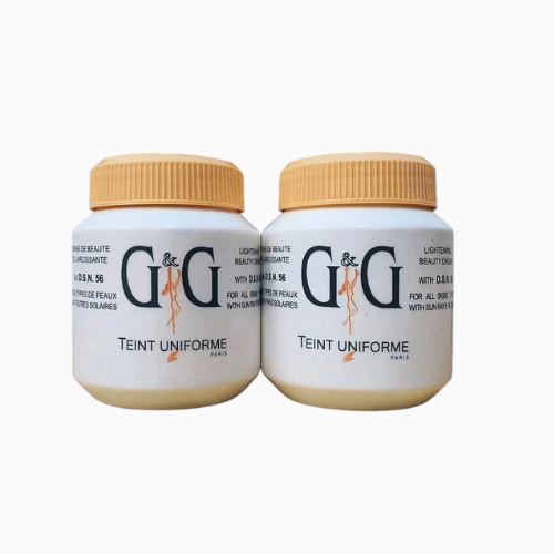 Two white jars with gold lids labeled 'G&G' on a white background