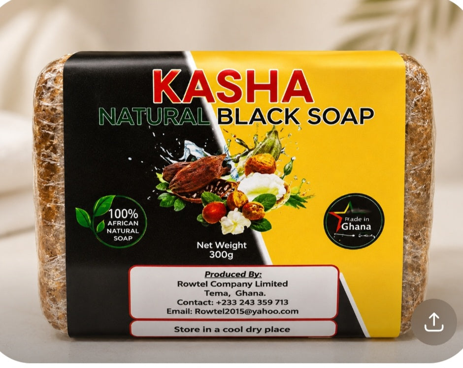 Kasha Natural Black Soap bar with packaging on a neutral background
