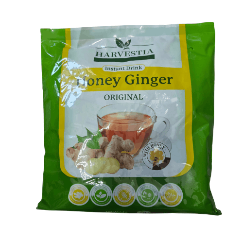 Packaging of Harvestia Instant Drink Honey Ginger on a white background
