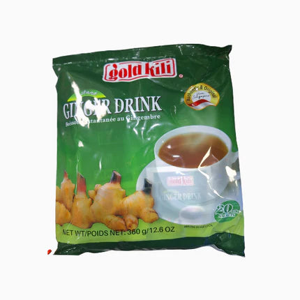Green package of Gold Kili ginger drink on a white background