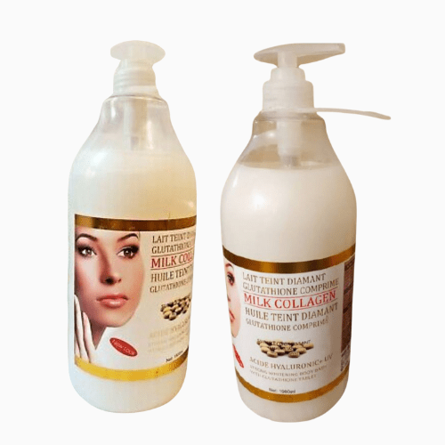 Two bottles of milk collagen product with labels on a white background