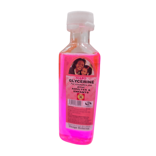 Bottle of glycerine with a pink label on a white background