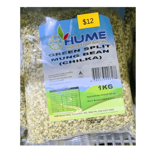 Packaged green split mung beans with Hume branding and price tag.