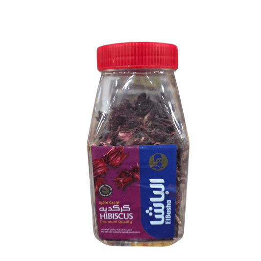 Jar of hibiscus with a red lid on a white background