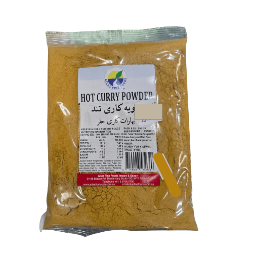 Packaged hot curry powder with a label on a white background