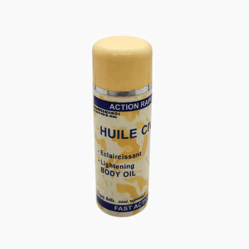 Body oil bottle with yellow cap and label on a white background