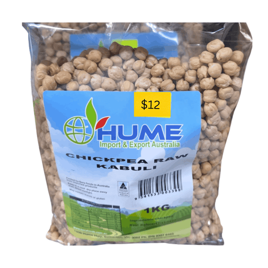 Bag of Hume chickpeas with a price tag on a white background