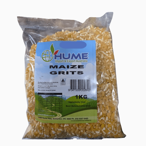 Bag of Hume Maize Grits with visible label on a white background