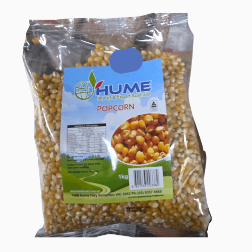 Packaged popcorn with Hume branding on a white background