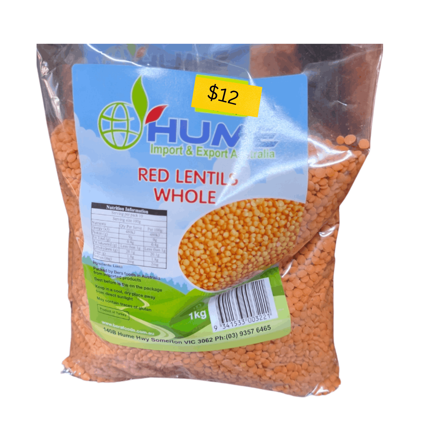 Bag of Hume red lentils with a price tag on a white background