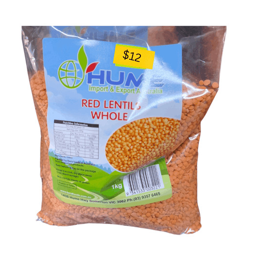 Bag of Hume red lentils with a price tag on a white background