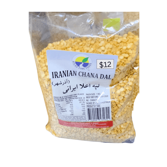 Bag of Iranian Chana Dal with a clear label on a white background