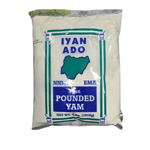 Bag of Iyan Ado pounded yam with branding and product details on a white background