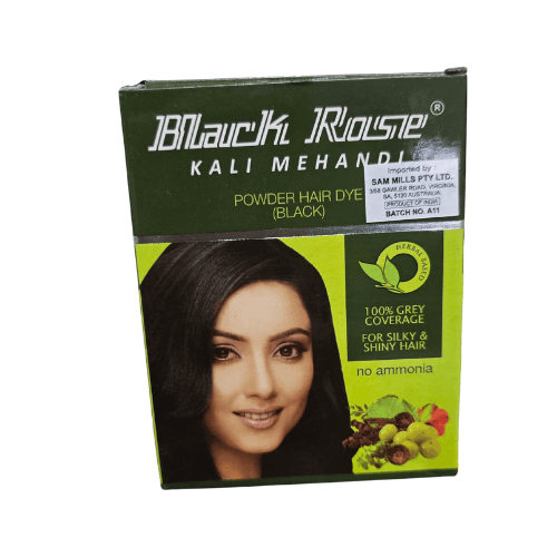 Box of JBLauchi Roustee Kali Mehandi powder hair dye with a woman's face on the packaging.