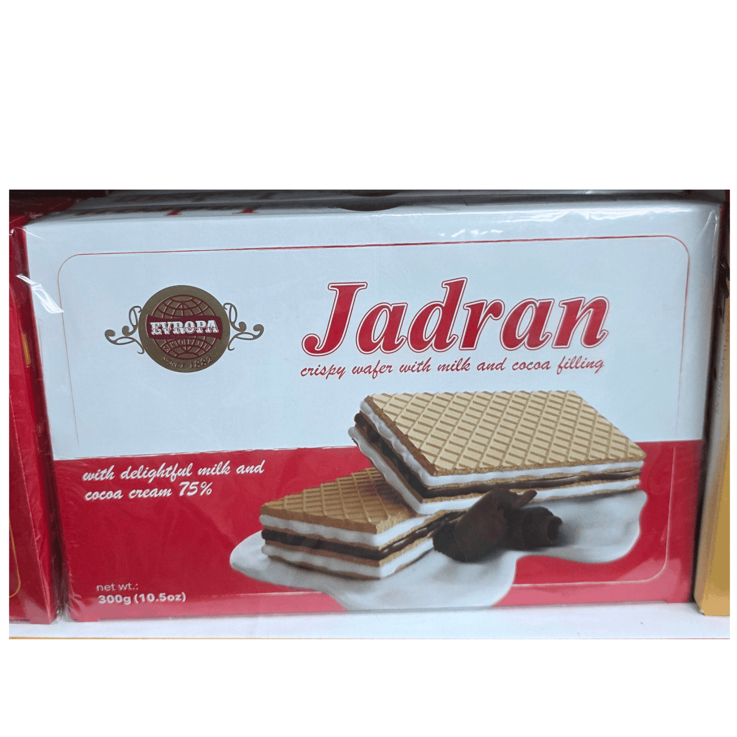 Packaging of Jadran wafers with a red and white design on a white background