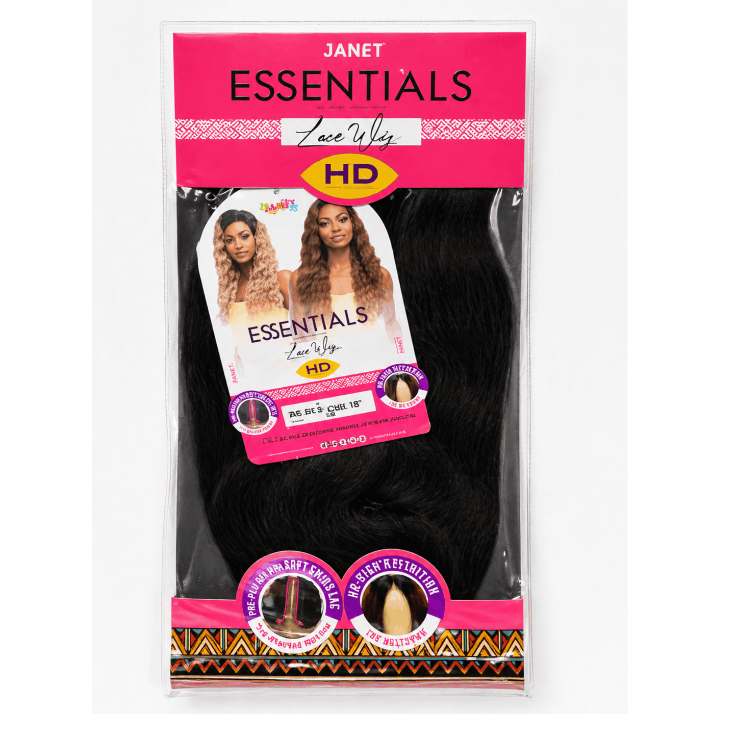 Packaged hair extensions with 'Janet Essentials' branding on a white background